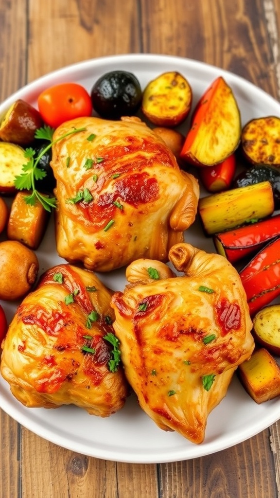 Crispy Air Fryer Chicken Thighs Recipe Crispy air fryer chicken thighs on a plate with roasted vegetables, garnished with herbs.
